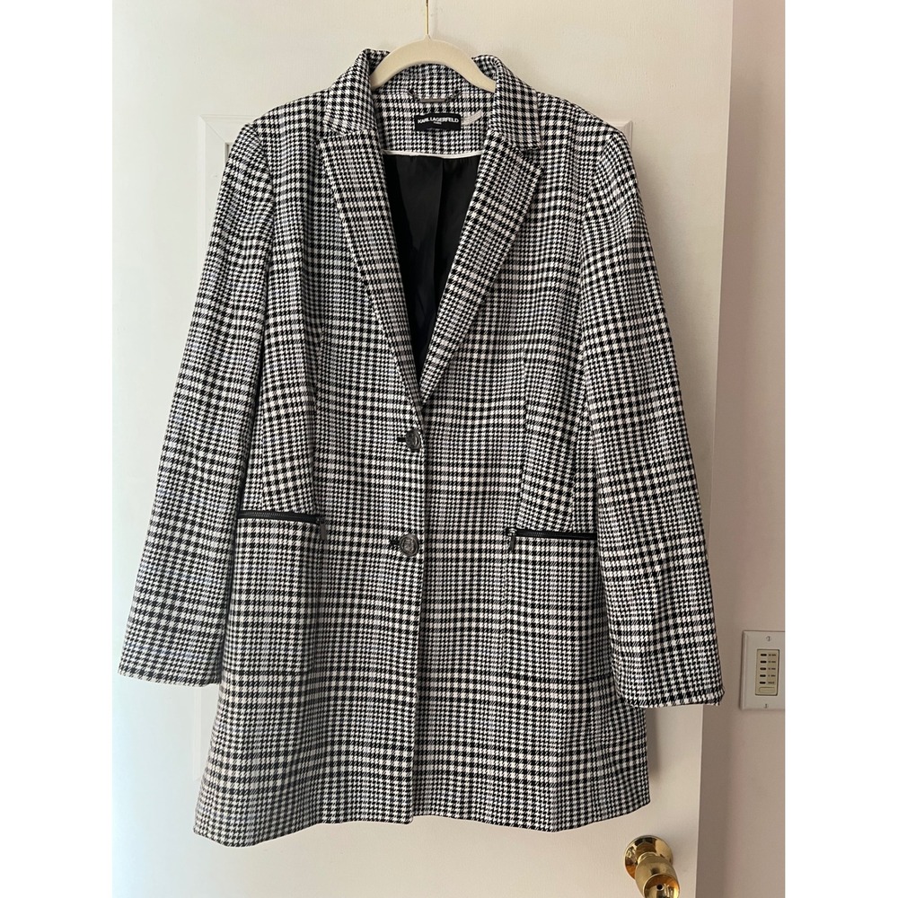 Karl Lagerfeld Paris Houndstooth Longline Blazer Jacket Black White Zipper Cuffs
